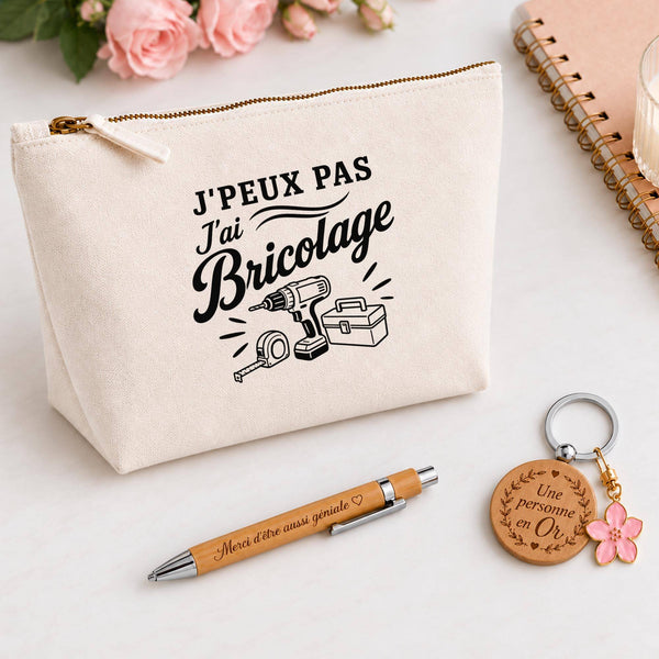 Coffret Cadeau J’peux pas j’ai Bricolage – Trousse, stylo bambou et porte-clés