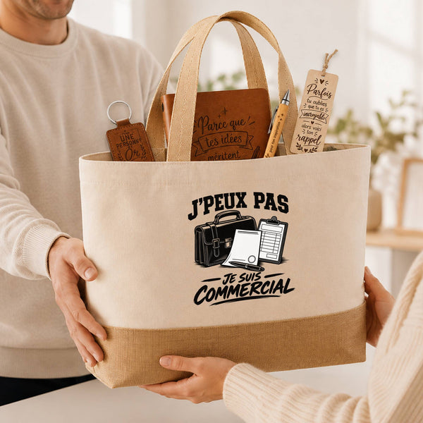 Coffret Cadeau J’peux pas je suis Commercial – Sac jute, carnet, stylo, porte-clés et marque-page