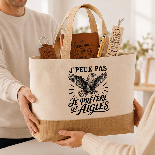 Coffret Cadeau J’peux pas je préfère les Aigles – Sac jute, carnet, stylo, porte-clés et marque-page