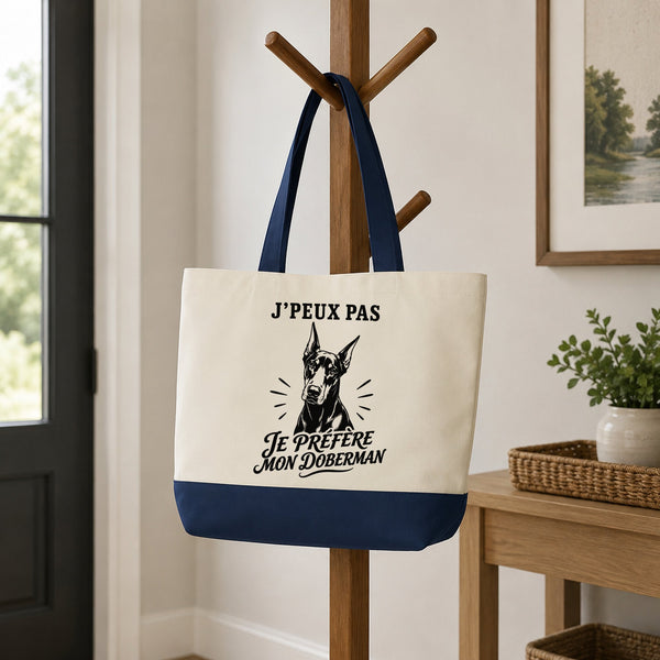 Grand Sac Cabas Fond Bleu J’peux pas je préfère mon Doberman