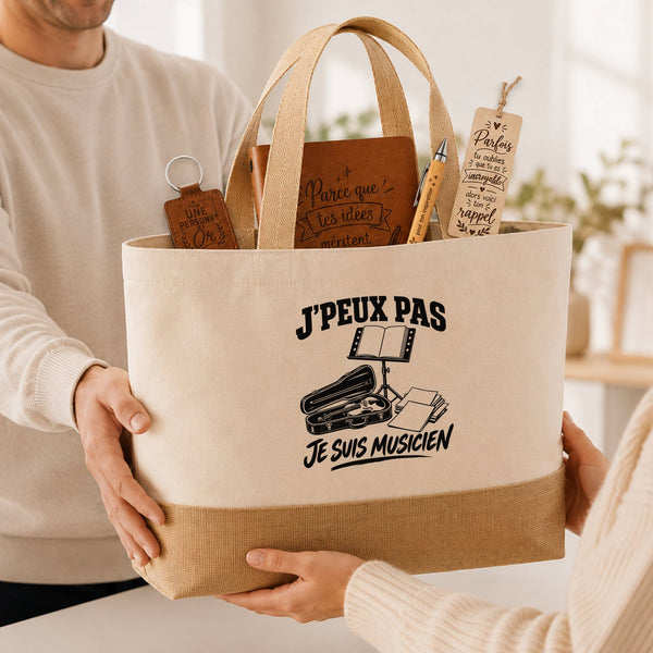 Coffret Cadeau J’peux pas je suis Musicien – Sac jute, carnet, stylo, porte-clés et marque-page