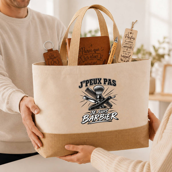 Coffret Cadeau J’peux pas je suis Barbier – Sac jute, carnet, stylo, porte-clés et marque-page