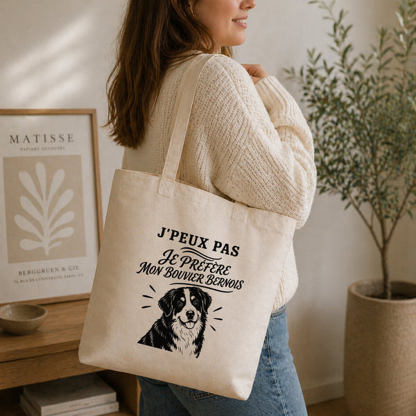 Tote Bag Beige J’peux pas je préfère mon Bouvier Bernois
