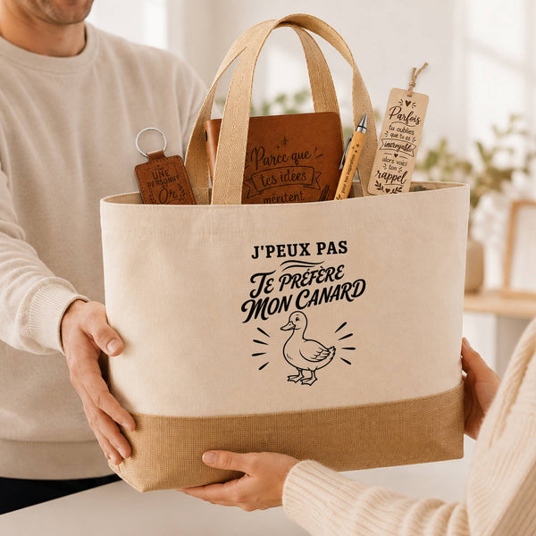 Coffret Cadeau J’peux pas je préfère mon Canard – Sac jute, carnet, stylo, porte-clés et marque-page