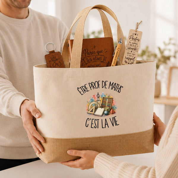 Coffret Cadeau Être prof de maths c'est la vie – Sac jute, carnet, stylo, porte-clés et marque-page
