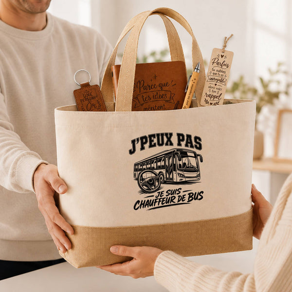 Coffret Cadeau J’peux pas je suis Chauffeur de bus – Sac jute, carnet, stylo, porte-clés et marque-page