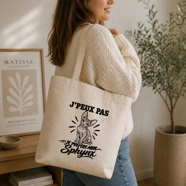 Tote Bag Beige J’peux pas je préfère mon Sphynx