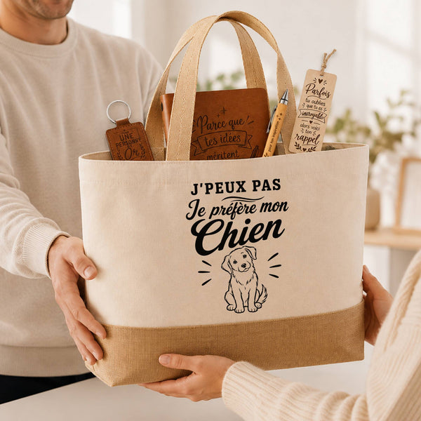 Coffret Cadeau J’peux pas je préfère mon Chien – Sac jute, carnet, stylo, porte-clés et marque-page