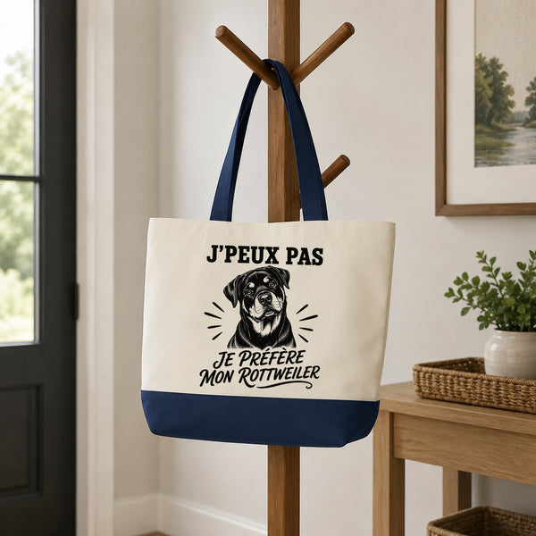 Grand Sac Cabas Fond Bleu J’peux pas je préfère mon Rottweiler