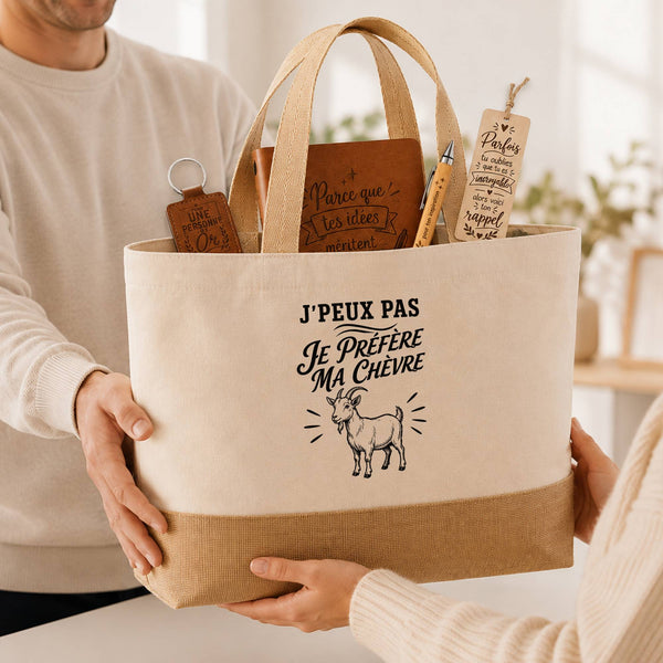 Coffret Cadeau J’peux pas je préfère ma Chèvre – Sac jute, carnet, stylo, porte-clés et marque-page