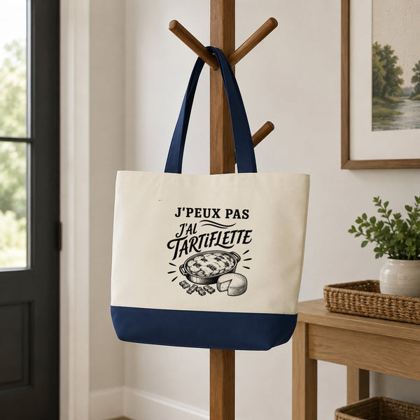Grand Sac Cabas Fond Bleu J’peux pas j’ai Tartiflette