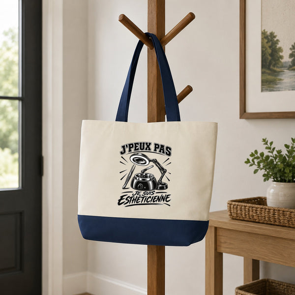 Grand Sac Cabas Fond Bleu J’peux pas je suis Esthéticienne