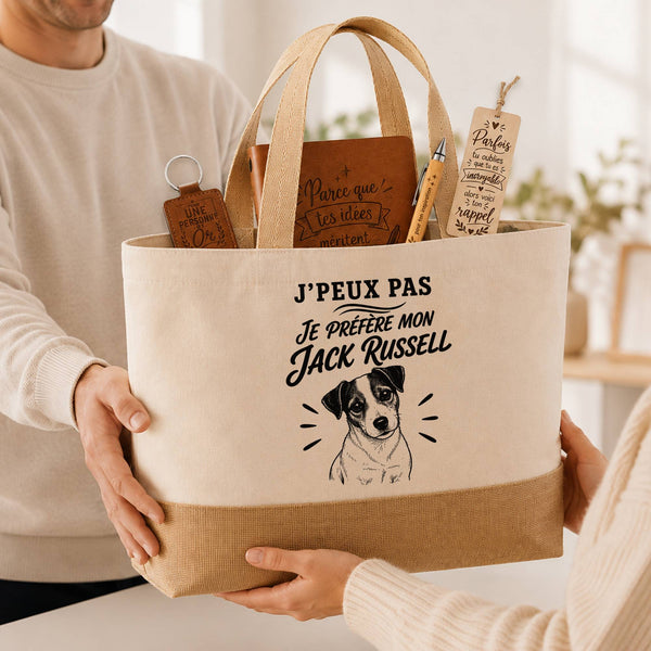 Coffret Cadeau J’peux pas je préfère mon Jack Russell – Sac jute, carnet, stylo, porte-clés et marque-page