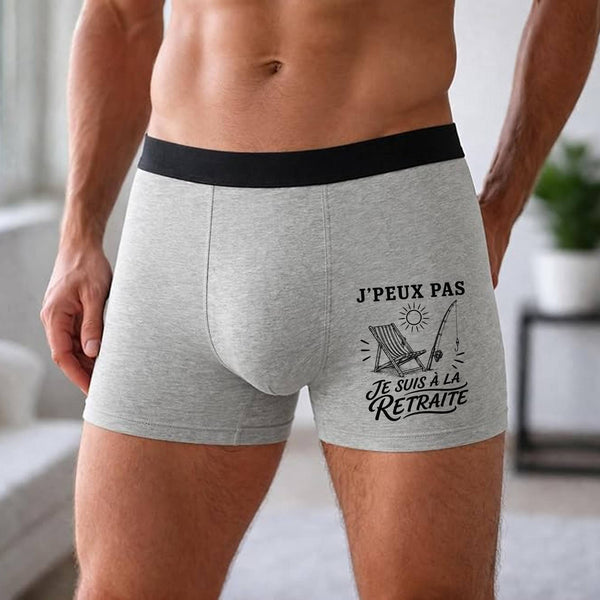 Boxer Homme J’peux pas je suis à la Retraite – Impression devant