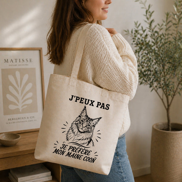 Tote Bag Beige J’peux pas je préfère mon Maine Coon