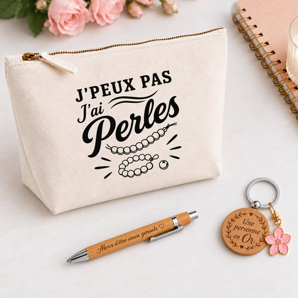 Coffret Cadeau J’peux pas j’ai Perles – Trousse, stylo bambou et porte-clés