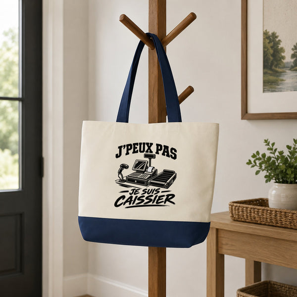 Grand Sac Cabas Fond Bleu J’peux pas je suis Caissier
