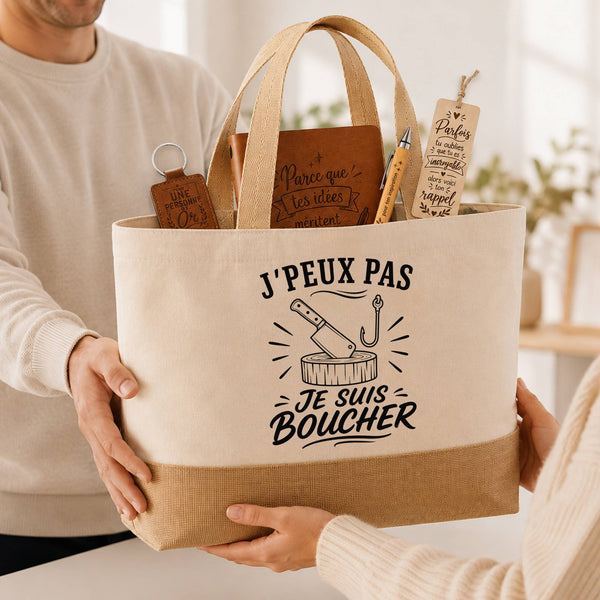 Coffret Cadeau J’peux pas je suis Boucher – Sac jute, carnet, stylo, porte-clés et marque-page