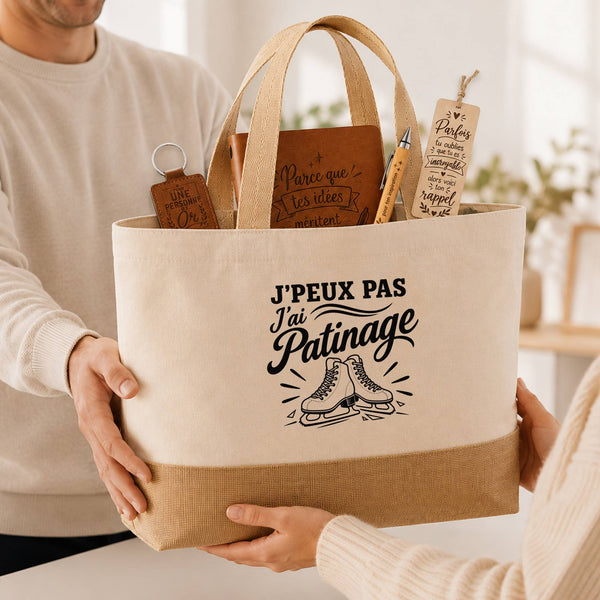 Coffret Cadeau J’peux pas j’ai Patinage – Sac jute, carnet, stylo, porte-clés et marque-page
