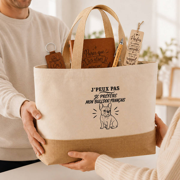 Coffret Cadeau J’peux pas je préfère mon Bulldog Français – Sac jute, carnet, stylo, porte-clés et marque-page