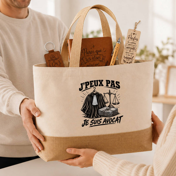 Coffret Cadeau J’peux pas je suis Avocat – Sac jute, carnet, stylo, porte-clés et marque-page