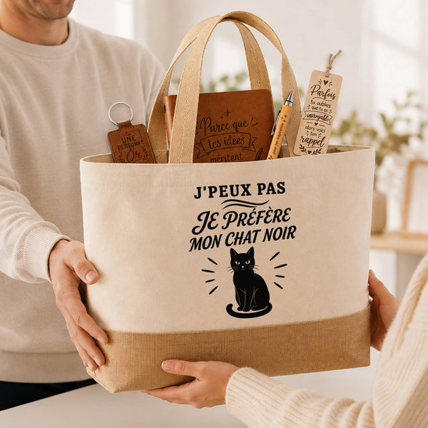 Coffret Cadeau J’peux pas je préfère mon Chat noir – Sac jute, carnet, stylo, porte-clés et marque-page