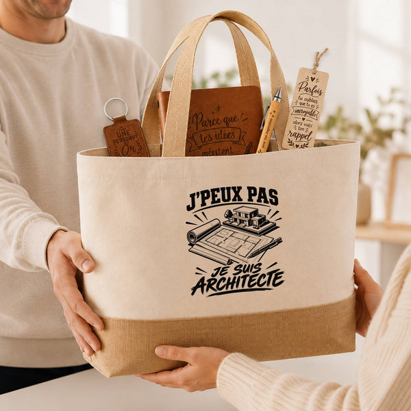 Coffret Cadeau J’peux pas je suis Architecte – Sac jute, carnet, stylo, porte-clés et marque-page