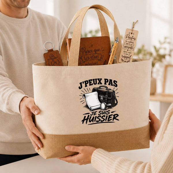 Coffret Cadeau J’peux pas je suis Huissier – Sac jute, carnet, stylo, porte-clés et marque-page
