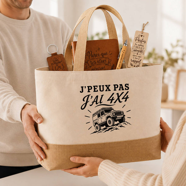 Coffret Cadeau J’peux pas j’ai 4x4 – Sac jute, carnet, stylo, porte-clés et marque-page