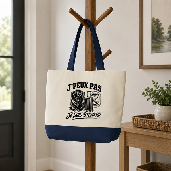 Grand Sac Cabas Fond Bleu J’peux pas je suis Steward