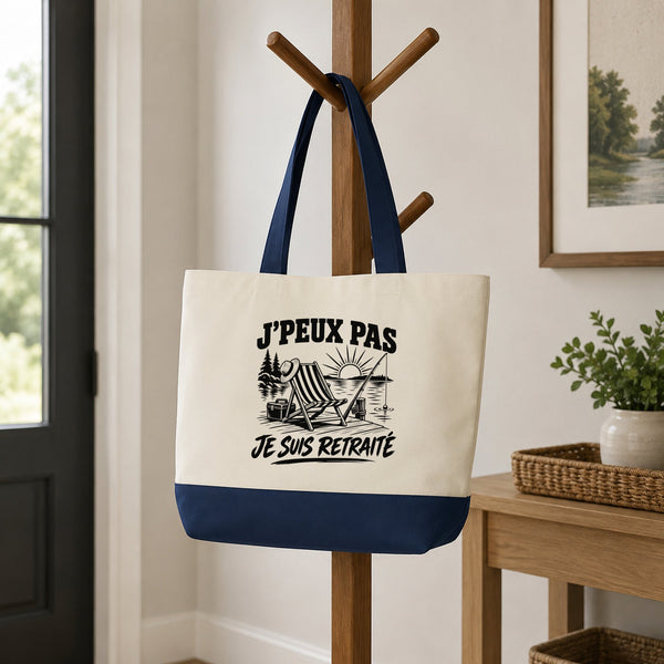 Grand Sac Cabas Fond Bleu J’peux pas je suis Retraité