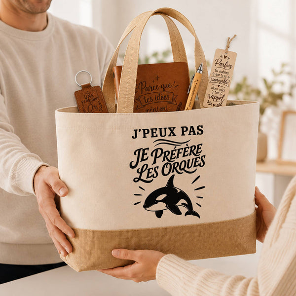 Coffret Cadeau J’peux pas je préfère les Orques – Sac jute, carnet, stylo, porte-clés et marque-page