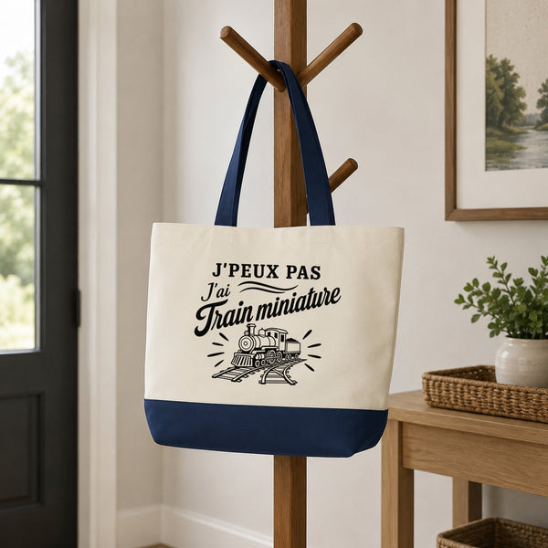 Grand Sac Cabas Fond Bleu J’peux pas j’ai Train miniature – modélisme ferroviaire (train)