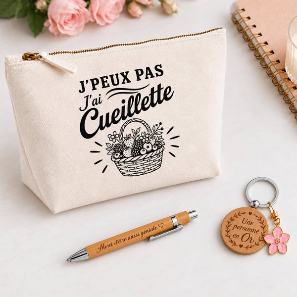 Coffret Cadeau J’peux pas j’ai Cueillette – Trousse, stylo bambou et porte-clés