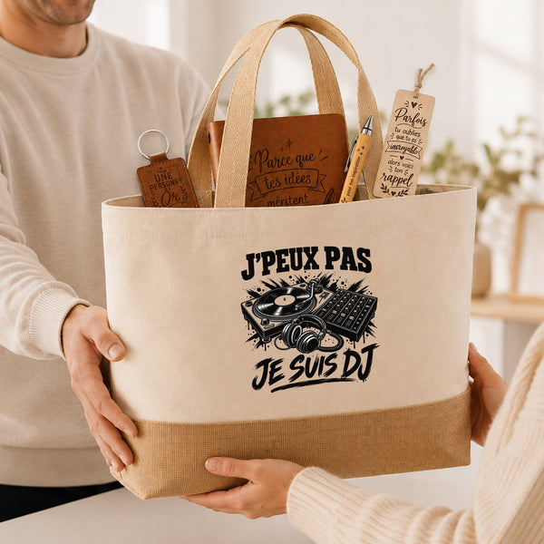 Coffret Cadeau J’peux pas je suis DJ – Sac jute, carnet, stylo, porte-clés et marque-page