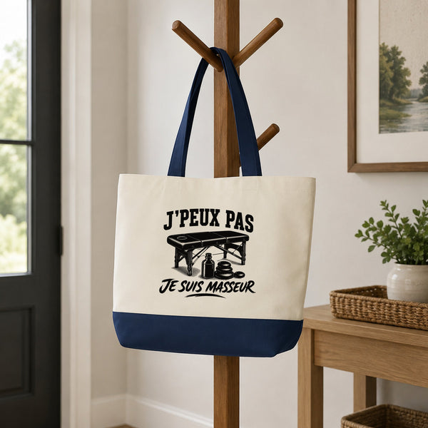 Grand Sac Cabas Fond Bleu J’peux pas je suis Masseur