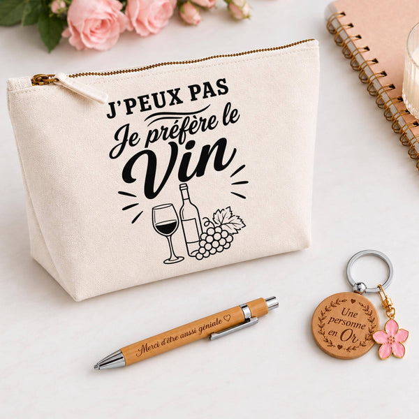 Coffret Cadeau J’peux pas je préfère le Vin – Trousse, stylo bambou et porte-clés