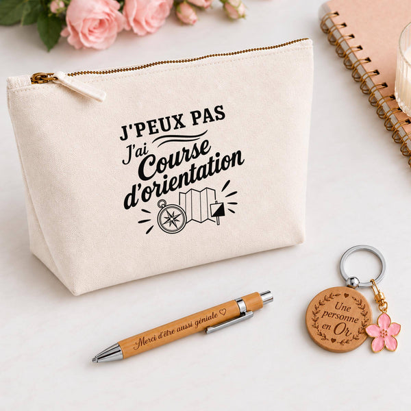 Coffret Cadeau J’peux pas j’ai Course d’orientation – Trousse, stylo bambou et porte-clés