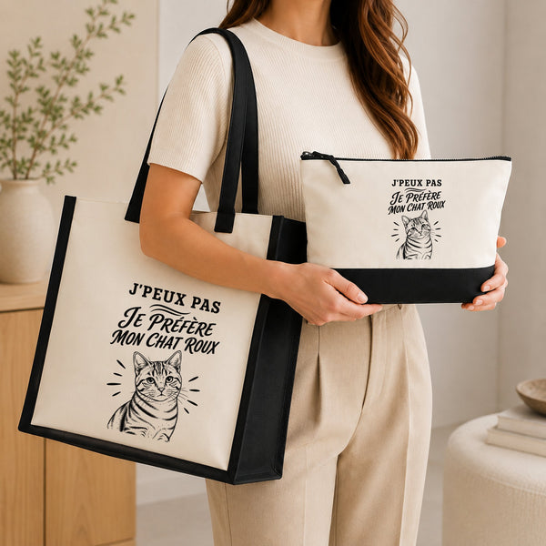 Ensemble Cabas et Trousse J’peux pas je préfère mon Chat roux