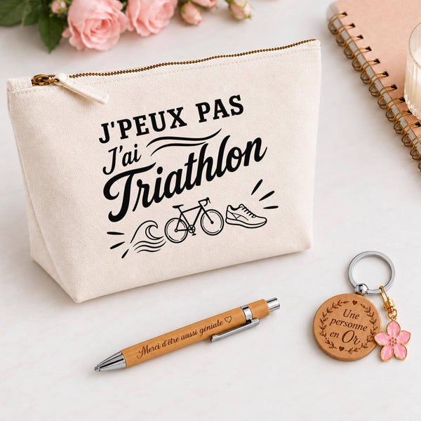 Coffret Cadeau J’peux pas j’ai Triathlon – Trousse, stylo bambou et porte-clés