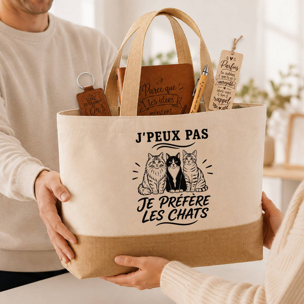Coffret Cadeau J’peux pas je préfère les Chats – Sac jute, carnet, stylo, porte-clés et marque-page
