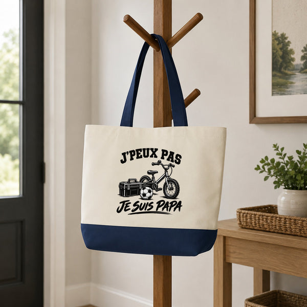 Grand Sac Cabas Fond Bleu J’peux pas je suis Papa