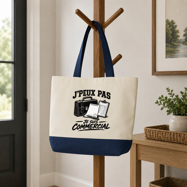 Grand Sac Cabas Fond Bleu J’peux pas je suis Commercial