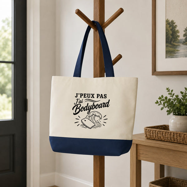 Grand Sac Cabas Fond Bleu J’peux pas j’ai Bodyboard