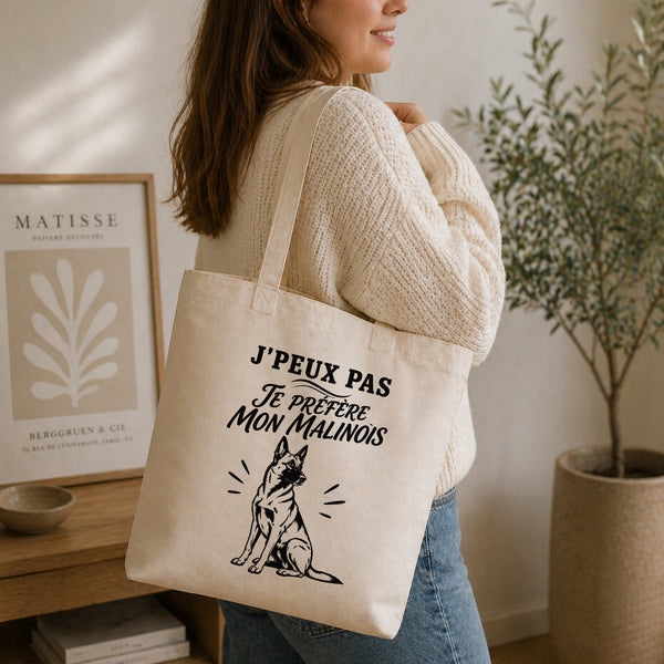 Tote Bag Beige J’peux pas je préfère mon Malinois