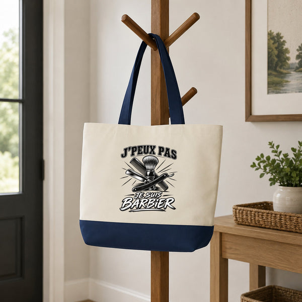 Grand Sac Cabas Fond Bleu J’peux pas je suis Barbier