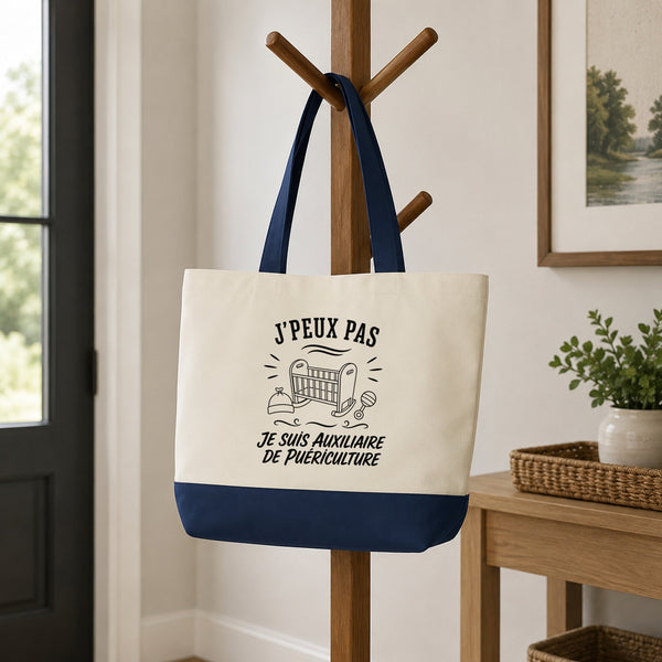 Grand Sac Cabas Fond Bleu J’peux pas je suis Auxiliaire de puériculture
