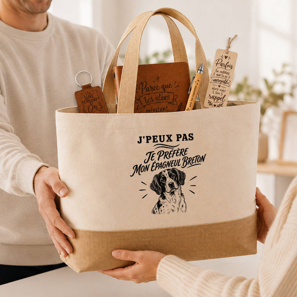 Coffret Cadeau J’peux pas je préfère mon Épagneul Breton – Sac jute, carnet, stylo, porte-clés et marque-page