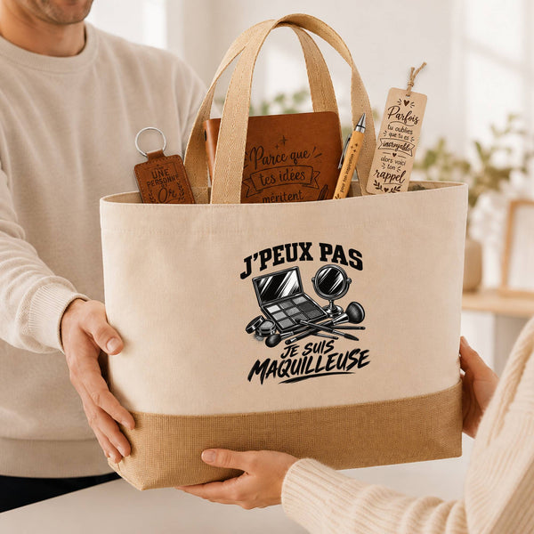 Coffret Cadeau J’peux pas je suis Maquilleuse – Sac jute, carnet, stylo, porte-clés et marque-page