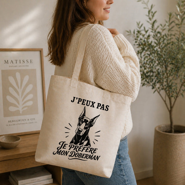 Tote Bag Beige J’peux pas je préfère mon Doberman